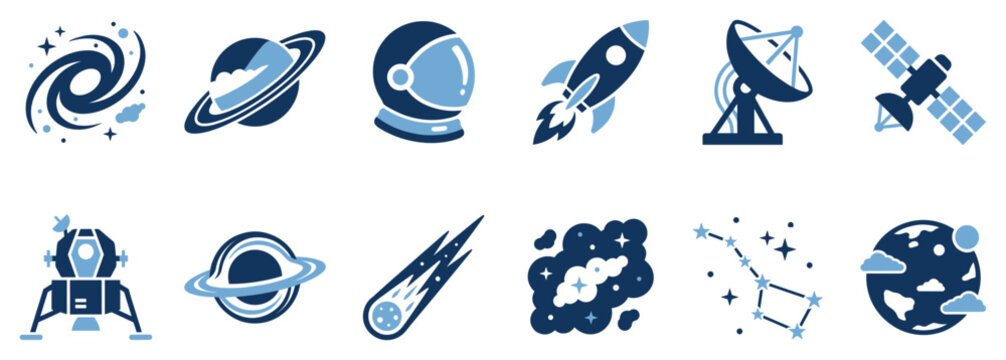 Space exploration icons set. Universe and cosmos symbols. Planet, rocket, astronaut helmet, satellite. Galaxy, constellation, meteor. Flat and line style
