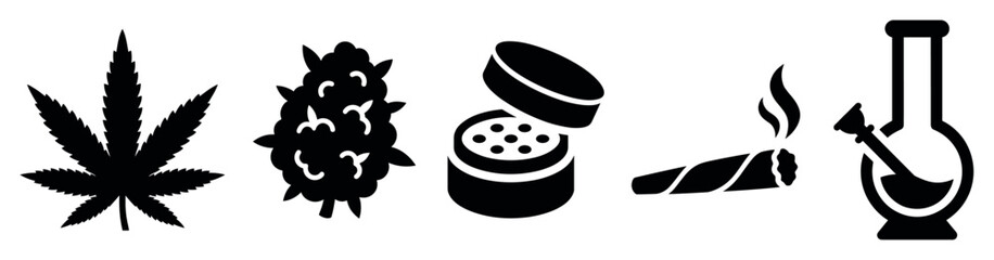 Fototapeta premium Cannabis icons set. Marijuana leaf and bud. Grinder, joint, and bong symbols. Solid black silhouette style