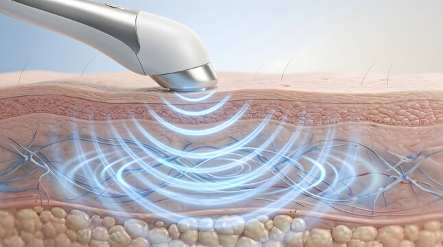 Ultrasound waves penetrate deeply into the epidermal layers to stimulate the underlying tissue structure. 3D rendering.