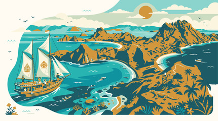 Naklejka premium Coastal illustration sailing vessel near mountains and sea