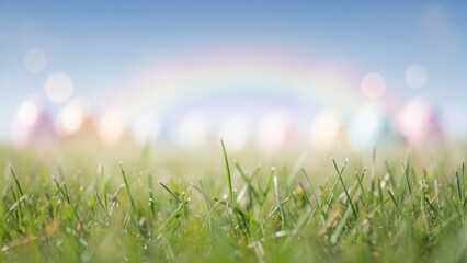 Fototapeta premium Rainbow Over Green Grass Field