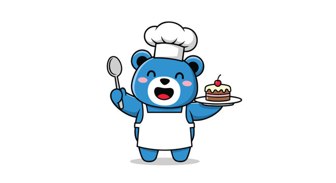 Joyful blue bear wearing a chef's hat and apron proudly holds a large spoon and a delicious cherry-topped cake.