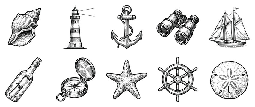 Nautical marine icons set. Sea travel symbols. Lighthouse, anchor, binoculars, sailboat. Message in bottle, compass, starfish, ship wheel, sand dollar. Hand-drawn engraving style