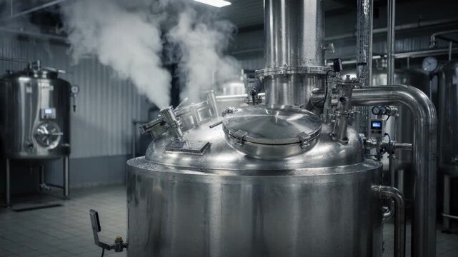 Medium shot of a steaminjected automated mash cooker operating with precise temperature control and visible steam vents releasing vapor in an industrial brewing setup