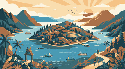Coastal island scenery illustration vector artwork of mountains and water © Remb