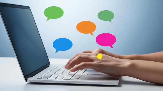 Hands typing on laptop keyboard with colorful speech bubbles floating above representing online