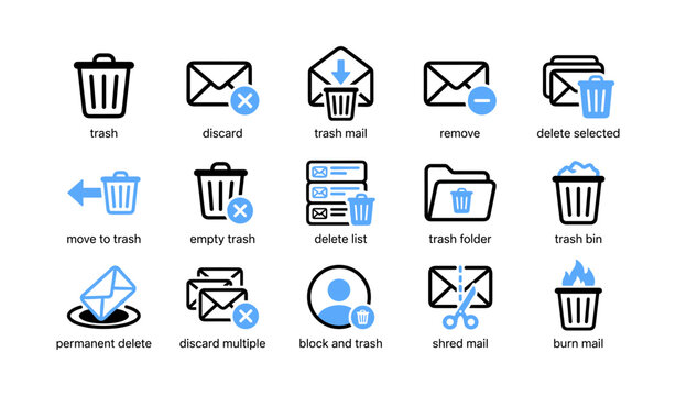 Trash and delete icons showing actions and labels on white background
