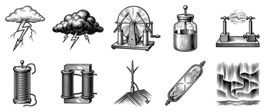 Electricity and physics icons set. Lightning and storm cloud icons. Static electricity generator. Leyden jar, spark gap. Inductor, transformer, lightning rod. Aurora borealis. Engraved