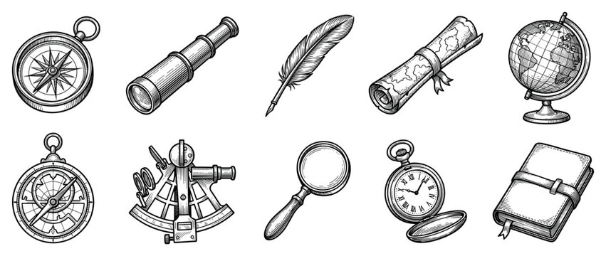 Navigation and exploration icons set. Vintage travel and discovery tools. Compass, telescope, quill pen, map scroll, globe, sextant, magnifying glass, pocket watch, notebook. Hand-drawn