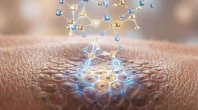 Active peptide chain targets epidermal cells to stimulate natural collagen regeneration. 3D rendering.
