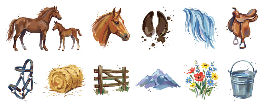 Horse and farm life icons set. Farm animals and rural elements. Horse, foal, hoof print, saddle, bridle, hay, fence, mountain, flowers, bucket. Watercolor style