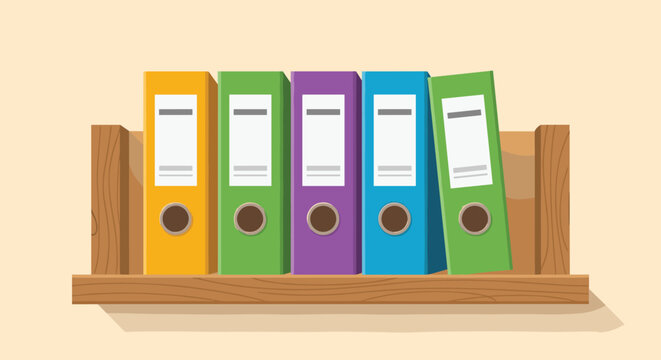 Row of colorful office ring binders in yellow green purple and blue organized on wooden shelf against beige wall.