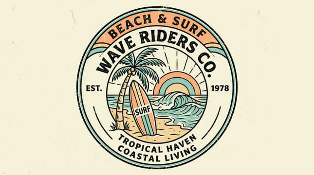 Coastal logo design featuring surfboard palm tree and ocean waves