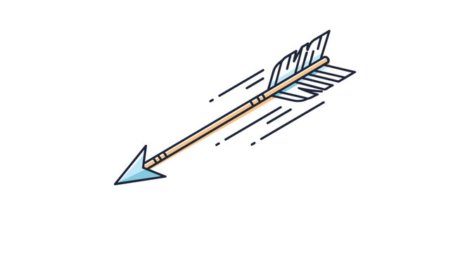 Traditional wooden arrow with white feathers flies through the air with speed lines indicating fast motion and aim.
