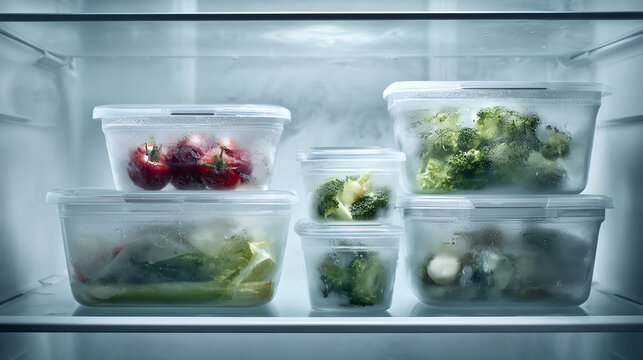 Fresh fruits and vegetables stored in organized containers inside a modern refrigerator for easy access and preservation.