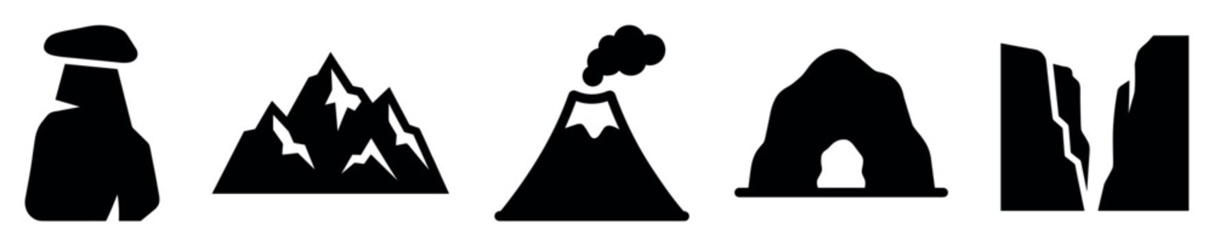 Nature landform icons set. Mountain, volcano, cave, canyon symbols. Landscape, geology, travel elements. Solid black silhouette style