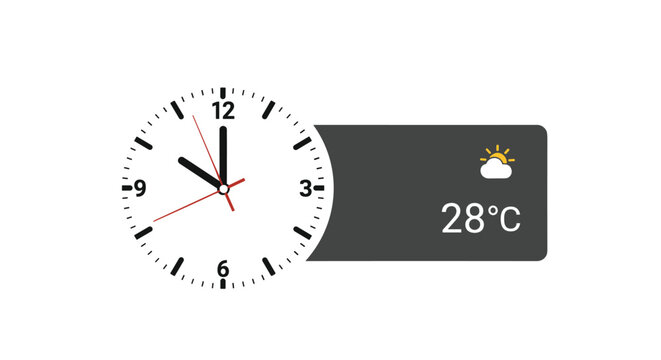 Modern interface display featuring an analog clock face showing 10:00 and a weather widget with a sunny icon and temperature reading.