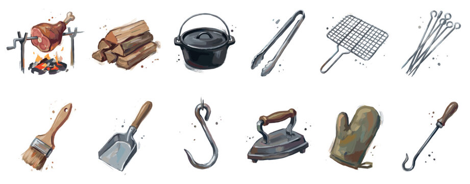 BBQ and camping tools icons set. Barbecue and outdoor cooking equipment. Grill, skewers, cast iron pot. Meat hook, oven mitt, brush. Watercolor style