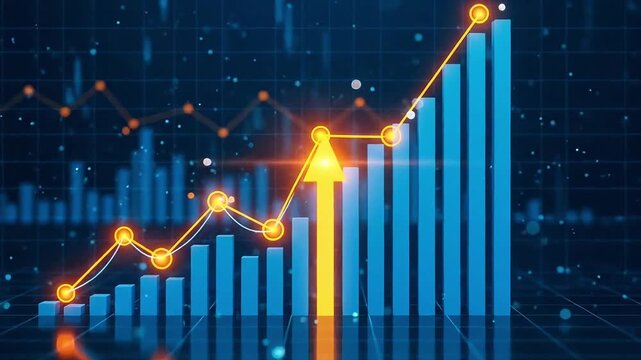 Ultra modern glowing blue financial growth chart with ascending 3 D bars and dynamic data line
