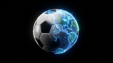 Naklejka premium Soccer Ball with Glowing World Map for Global Football Championship and World Cup