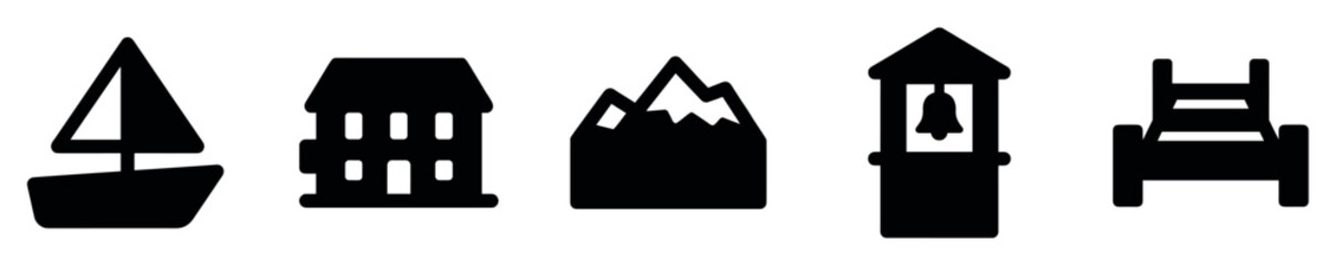 Obraz premium Travel and vacation icons set. Sailboat, house, mountain, well, and bed symbols. Holiday, journey, and accommodation signs. Solid black silhouette style