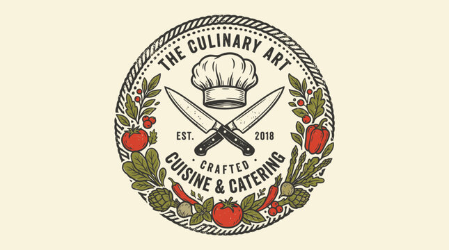 Culinary art cuisine and catering logo design with chef hat and knives