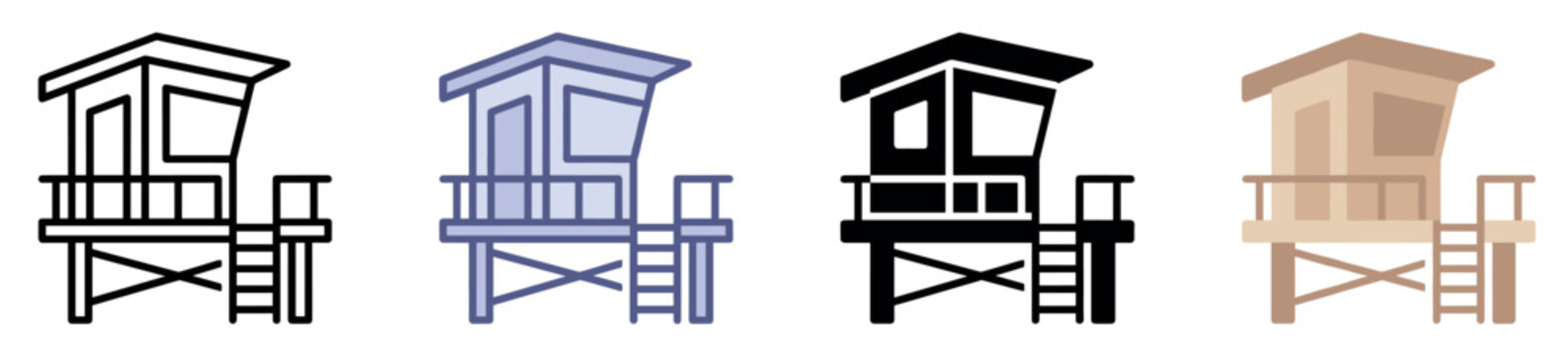 Lifeguard tower icons set. Beach watchtower symbol. Coast guard station icon. Summer, ocean, safety symbol. Flat, line, and solid style