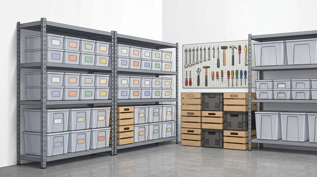 A cluttered storage room with shelves stacked with boxes and crates