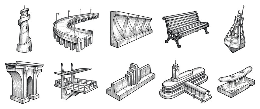 Architecture and navigation icons set. Lighthouse, bridge, bench, buoy. Diving board, cleat, building. Engraved black and white style