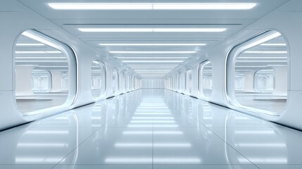 Fototapeta premium Bright futuristic interior corridor stretches into the distant horizon with smooth white surfaces and recessed lighting