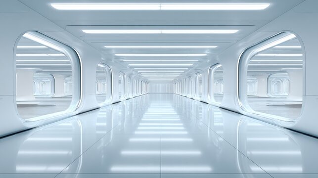 Bright futuristic interior corridor stretches into the distant horizon with smooth white surfaces and recessed lighting