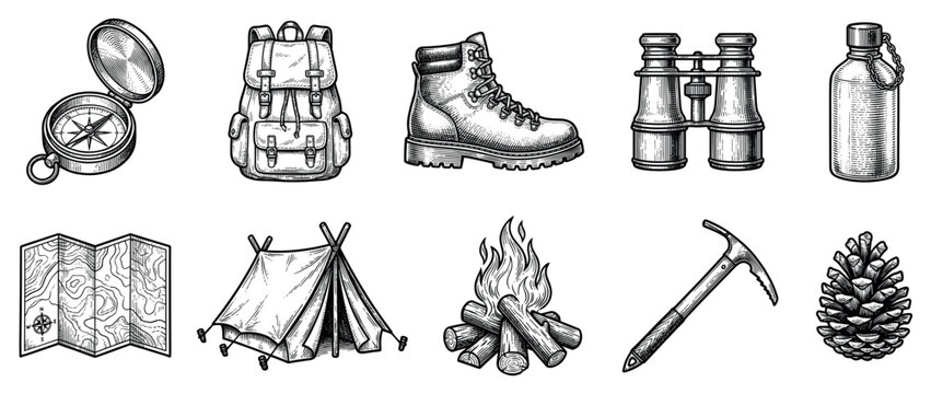 Camping and hiking icons set. Outdoor adventure equipment. Compass, backpack, boot, binoculars, water bottle. Map, tent, campfire, ice axe, pine cone. Engraving style