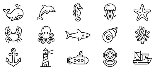 Obraz premium Marine life and nautical icons set. Ocean animals and sea objects. Whale, dolphin, seahorse, jellyfish, starfish. Crab, octopus, shark, seashell, coral. Anchor, lighthouse, submarine, diving