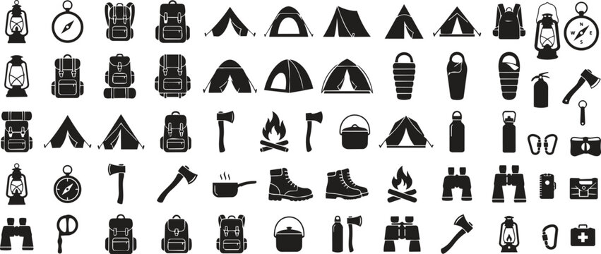 Black Camping Gear Silhouettes Pack with Tents Backpacks Compass and Campfire Icons Set Minimalist Outdoor Adventure Graphic Elements Vector Collection