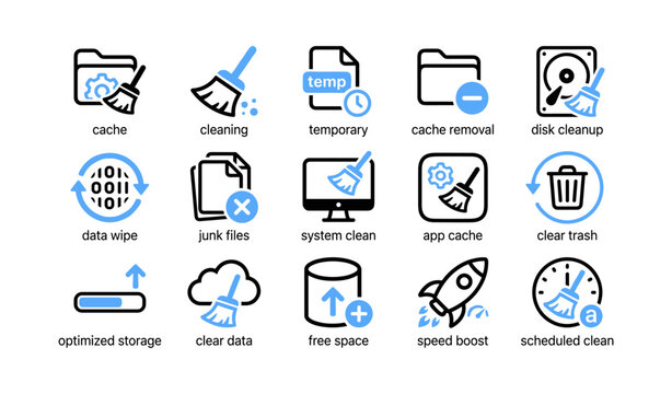 System cleaning and cache icons arranged on white background