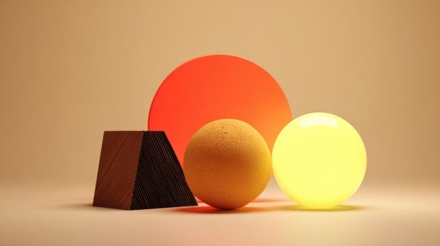 Illuminated geometric shapes and textured objects rest on a neutral surface under warm lighting