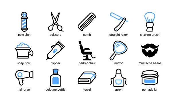 Grid of barber icons showing grooming tools on white background