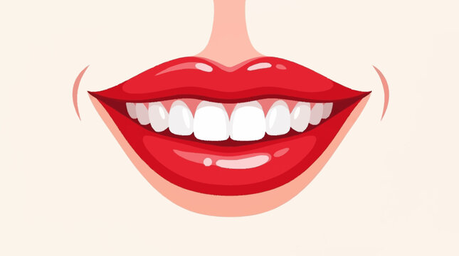 Vector illustration of a woman's mouth with bright red glossy lipstick smiling to reveal a row of clean white teeth and gums against a neutral light background with smile lines.