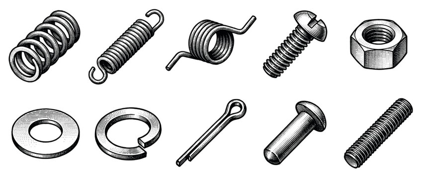Hardware components icons set. Fasteners and springs icon. Screw, nut, washer, rivet, cotter pin. Mechanical parts, engineering elements. Hand-drawn doodle style