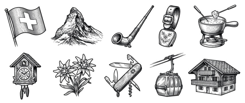 Switzerland symbols icons set. Swiss culture and traditions. Flag, Matterhorn, alphorn, cowbell, fondue. Cuckoo clock, edelweiss, pocket knife, cable car, chalet. Engraved style