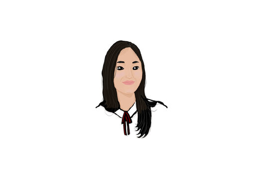 A digital half-body illustration of a long-haired woman wearing a white shirt with a red-and-black ribbon tie.