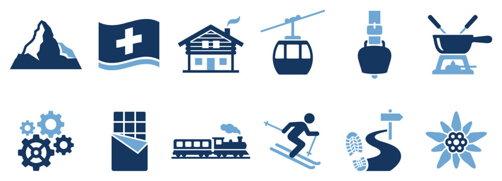 Mountain and travel icons set. Mountain, flag, cabin, gondola, cowbell, fondue pot. Gears, chocolate, train, skier, hiking trail, edelweiss flower. Flat and line style