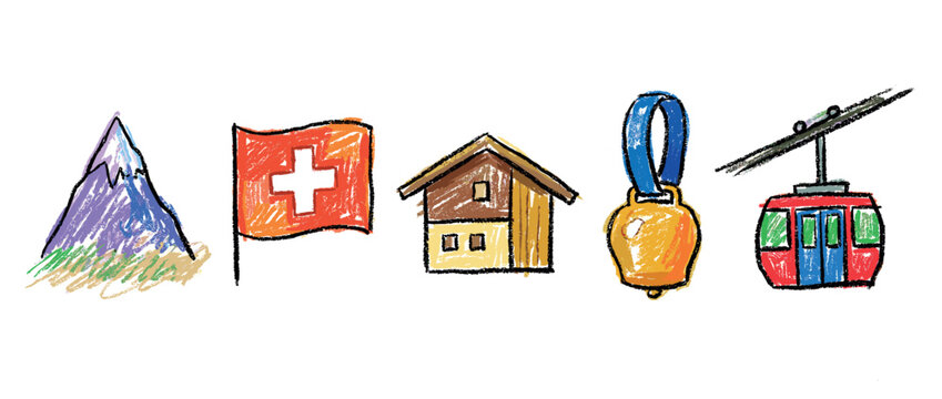 Switzerland travel icons set. Swiss culture and tourism symbols. Mountain icon. Flag, house, cowbell, cable car. Hand-drawn doodle style