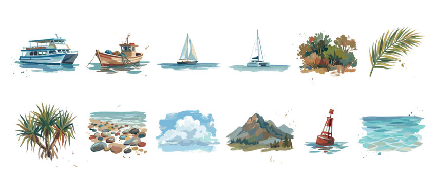 Ocean and travel icons set. Boats, nature, and sea elements. Sailboat, fishing boat, catamaran. Palm leaf, mountain, clouds. Watercolor style