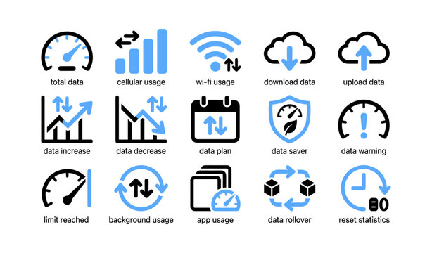 Data icons showing usage and limits arranged on white background