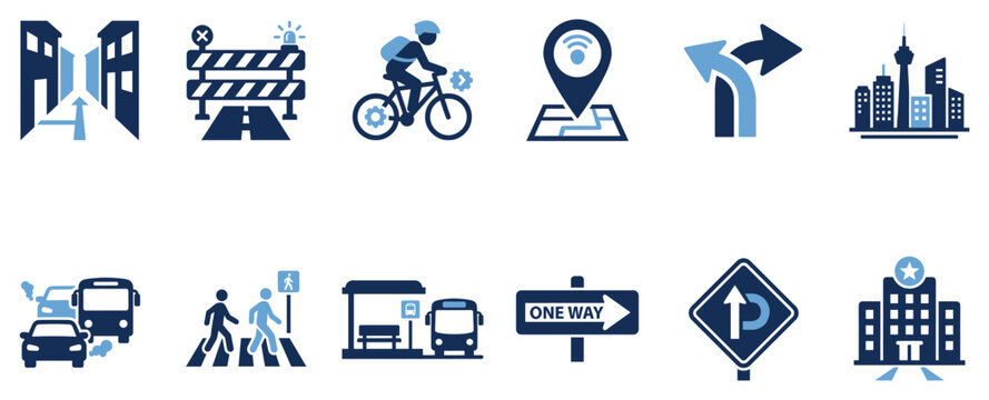 City navigation icons set. Urban transportation and direction symbols. Road barrier, cyclist, map pin. Traffic, pedestrian, bus stop signs. Flat and line style
