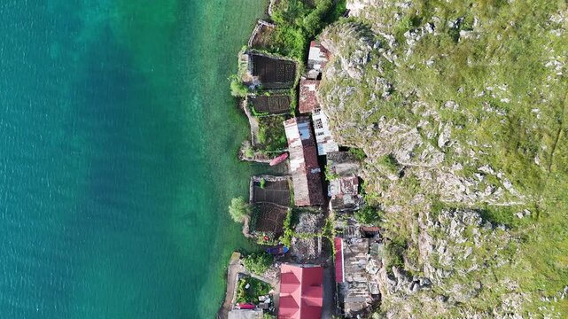 Top Down Drone View of Lin Peninsula Surrounded by Lake Ohrid Albania
