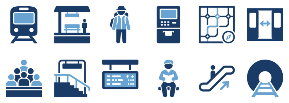 Public transportation icons set. Train, subway, metro symbols. Passenger, station, map, ticket machine. Escalator, tunnel, information board. Flat and solid style