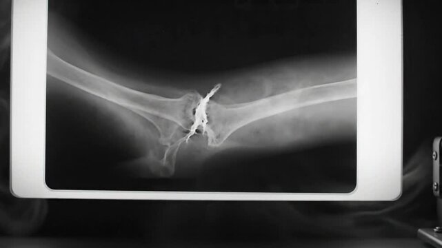 X-ray of broken elbow with visible fracture and surgical hardware on a lighted medical viewing screen in a dark environment