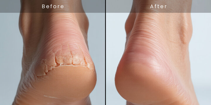 Cracked heel before and after treatment showing foot care and skin repair solution for dry skin and podiatry concept